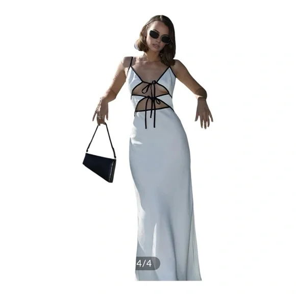 COMMENSE Semi-Sheer Contrast Trim Tie-Front Long Dress COLOR - White size Small - Picture 10 of 11